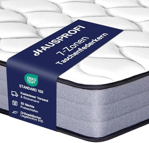 HAUSPROFI 7-Zonen Taschenfederkernmatratze 90x200cm H3 | Orthopädische Hybrid Matratze mit 1000 Federn & Memory Foam | Oeko-TEX, Atmungsaktiv & Punktelastisch | 30 Nächte Probeschlafen | 20cm Höhe