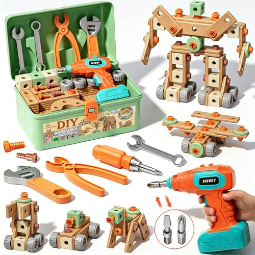 CUTE STONE 158-Piece Kids Tool Set with Toy Drill, STEM Construction Tool Kit with Storage Box, Pretend Play Building Toy, Montessori Educational Gift for Boys and Girls Ages 3-6