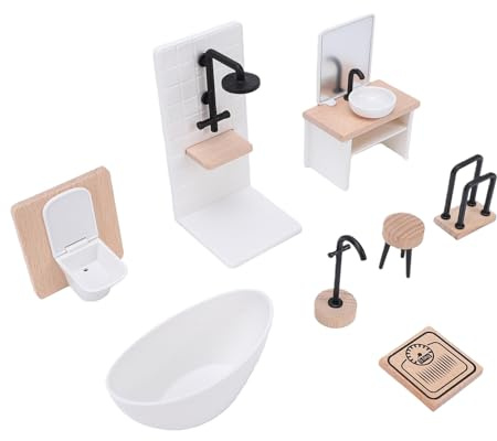 Generic Elegant Badrumsset i Miniatyrdockor med Realistiska Detaljer, bokträ och Plastmaterial i Skala 1:12 Handfat Toalett Badkar Kran Pall Duschrum för Dockhusdekoration