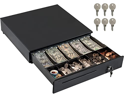Volcora Cash Register Drawer for Point of Sale (POS) System with Removable Coin Slots, 5 Bill/6 Coin, 12-24V, RJ11/RJ12 Key-Lock, Media Slot, Black