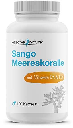 effective nature Sango Meereskoralle + Vitamin D3 & K2-120 Kapseln - Mit Calcium & Magnesium im optimalen Verhältnis 2:1 - hochdosiert & vegan - Nahrungsergänzung für Knochen & Säure-Base-Haushalt