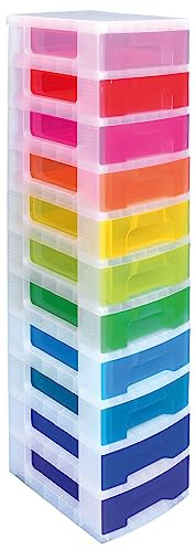 Really Useful Box Plastic Storage Storage Tower 11x7 Litre Clear Frame with Rainbow Drawers