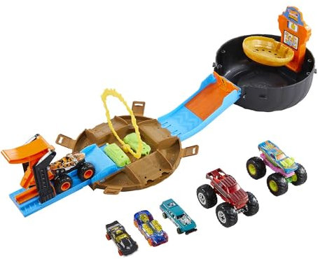 Hot Wheels Monster Trucks Stunt Tire Playset, Includes 3 Monster Trucks & 3 1:64 Scale Vehicles, Gift for Kids 4 to 8 Years Old, HHY74