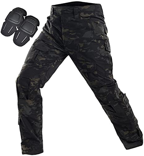 Uugood Pantalones Militares Hombre Pantalones tácticos multicámara Multi-Bolsillos Camuflaje Combat BDU Pantalones de Paintball Airsoft Caza Disparo Camo con Rodilleras (Noche Negra, 3XL)