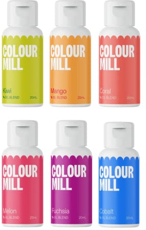 Colour Mill Oil Blend Lebensmittelfarbe auf Ölbasis Tropical - Lebensmittelfarben für Schokolade, Fondant, Cupcakes, Kuchen, Backen, Macaron - Kiwi, Mango, Koralle, Melone, Fuchsie, Kobalt - Set/6