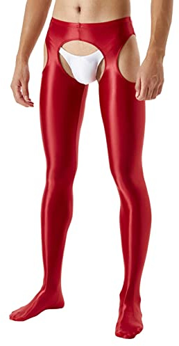 KJDWJKJRF Collants brillants pour homme - Effet mouillé - Pantalon ouvert avec trou de pénis ouvert - En cuir - Lingerie, rouge, XL