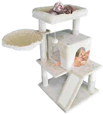 DEFACTO Katzenbaum, 96 cm hoch Katzenhöhle, Katzen Kletterbaum, Kratzbaum, Katzenspielzeug, Katzenmöbel mit stabil Säulen, Hängematten (BEIGE)