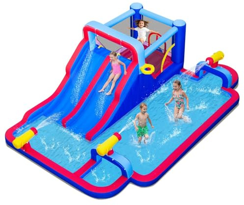 COSTWAY Hüpfburg mit Doppelrutschen, Planschbecken, Sprungbereich, Kletterwand, Basketballkorb & 3 Wasserkanonen, Wasserhüpfburg für Kinder, Wasserpark für Außenbereich, 646 x 418 x 211 cm