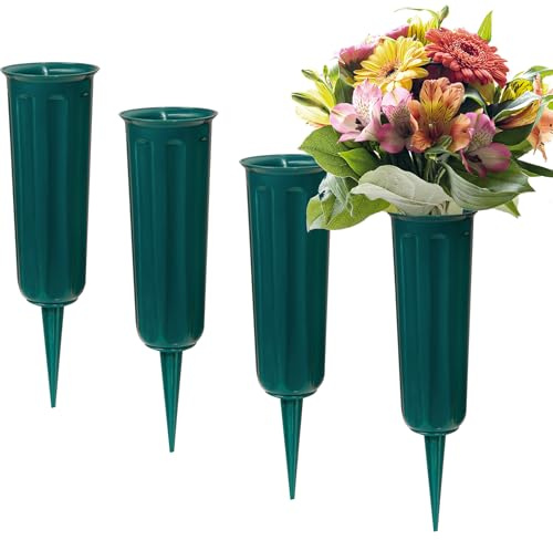 4 pieces Grave Vases with Spikes, Plastic Flower Holder for Cemetery, Flower Vase Grave Decorations for Cemetery Headstone Graveside (Green)