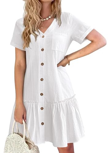 Hotouch Robe en Lin Femme Été Chemise Boutonnée Élégante Mi-Longue T-Shirt Léger et Aéré Blanc M