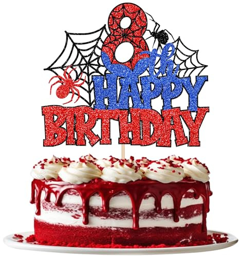 SYKYCTCY 1 Pack Spider Happy 8th Birthday Cake Topper Baby Shower Cake Picks for Spider Theme Spooky Party 8th Birthday Boys Girls Kids Party Supplies
