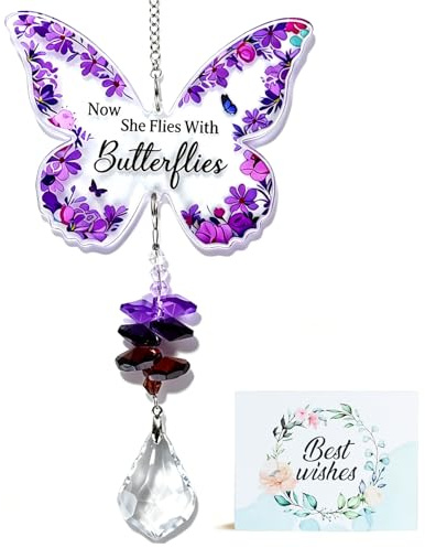 Mitibet Memorial Butterfly Gifts for Loss of Loved One, Remembrance Plaque for Mum Nan, Suncatcher Ornament for Grave, Crystal Hanging Decoration for Garden, Butterfly Memorial Gift for Women, 1 Pc