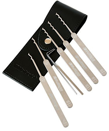 Multipick Profi Dietrich Set ELITE 7 BOGOTA Lockpicking Set 7 Teile aus hochwertigstem Federstahl in feinem Rindsleder-Etui mit Druckknopf - Original Multipick made in Germany Schwarz