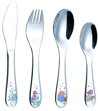 Exzact Kinderbesteck 4 Stück aus Edelstahl - 1 x Tafelmesser, 1 x Tafelgabel, 1 x Teelöffel und 1 x Tafellöffel. - unabhängige Designer-Serie. Bezaubernde Meerestiere, spiegelpoliert. (WF712-4SEA)