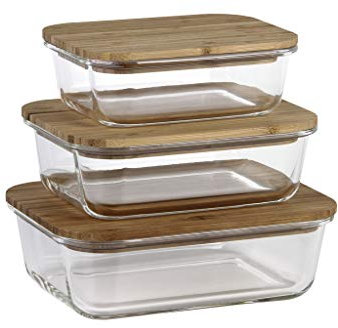 Cofan Set de 3 Fiambreras Rectangulares de Borosilicato | Modelo Bambú | Tapa de Bambú | Capacidad 640-1040-1520 ml