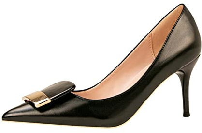 JOEupin Zapatos de tacón alto para mujer, punta puntiaguda, charol de aguja de 2.75 pulgadas, para vestido de fiesta de boda, Negro, 40 EU