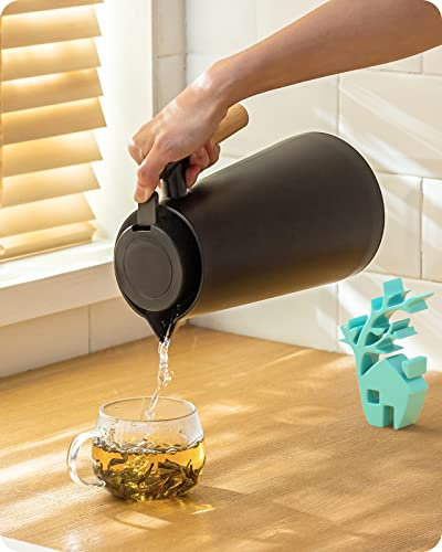 Baffect Isolierkanne, thermoskanne 1L, Quick-Press-Verschluss, 24h heiß, 24h kalt, Vakuum Kaffeekanne mit Holzgriff, Glaseinsatz, für Kaffee, Tee, Wasser,Getränk (Schwarz)