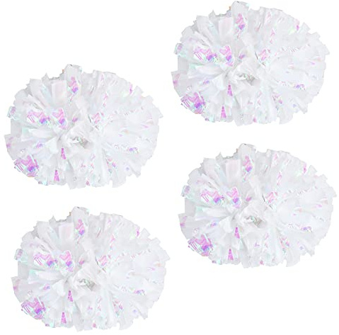 Supkiir 4Pcs Cheerleading Pom Poms for Cheerleader Costume Women, 2 Pair Cheer Pompoms for Boy Girl School Sports Games Team Spirit Cheering Dancing (Holographic White)