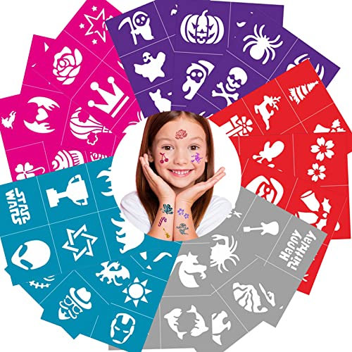 Temporäre Tattoo-Schablonen, 100PCS Groß Glitzer Tattoo Schablonen für Gesicht Körper- Wiederverwendbare Kinderschminke Schminkschablonen für Kinder Mädchen, Weihnachten, Halloween, Schule, Geburtstag