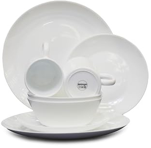 Vango Opal 16 Piece Dinnerware Tempered Glass Dining Set: 2 Dinner Plates, 2 Side Plates, 2 Bowls, 2 Mugs, Dishwasher & Microwave Safe