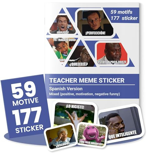 Versión en español Pegatinas para profesores/adhesivos con memes, 177 unidades / 59 motivos/memes para profesores sobre notas/pegatinas para profesores, regalo para profesores