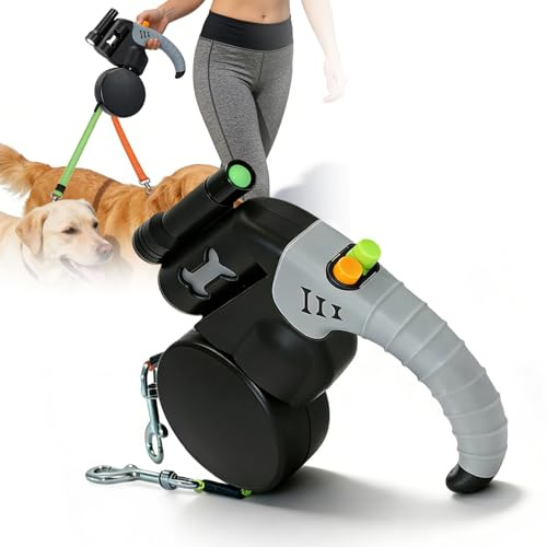 Indragbart rullkoppel 3 m, hundkoppel för små och medelstora hundar, dubbla koppel för 2 hundar med ficklampa, bajspåsdispenser, reflekterande koppel, 360° anti-trassel