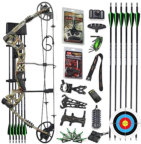 HNZMDY Compoundbogen Set Jagdbogen 30-70lbs Einstellbar Jagdbogen mit Bogen Zubehör Erwachsene Compound Bögen Bogenschießen Jagd 320 FPS Rechtshänder (Camo Bogen + 6X Pfeile)