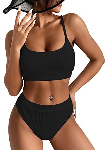 KOEMCY Damen Bikini Set High Waist Schwimmanzug Trendy Sexy Bademode Zweiteiliger Badeanzug Triangel Bikini Swimsuit Beachwear (Schwarz,S)
