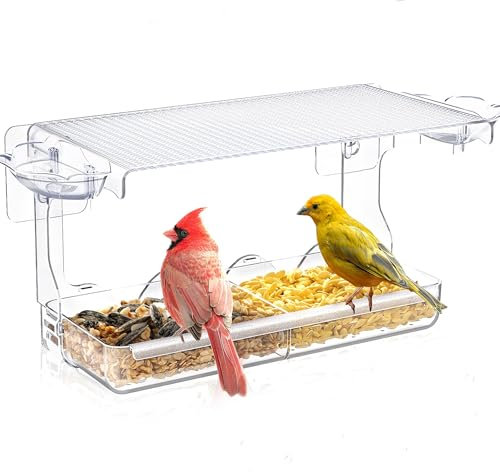 WELDUN Window Bird Feeders with 2 water bowls for Small Birds, Clear Bird Feeder Bird House 24.5*10*14cm(LxWxH) with removable trays, Outside Wild Bird Watching for Garden, Yard, Elderly Kids Viewing
