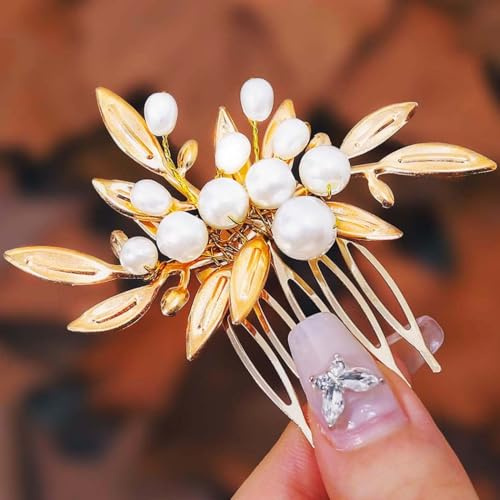 Reaky Peines para el pelo de perlas con hojas doradas, accesorio para el cabello de novia, accesorios para el cabello de boda para mujer