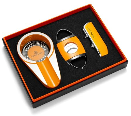 CIGARLOONG Cigar 3 Pieces Set,Stainless Steel Cigar Cutter, Windproof Lighter with Sharp Cigar Punch,Metal Cigar Ashtray Cigar Accessories Tool with Gift Box Package,Without Gas(Yellow)