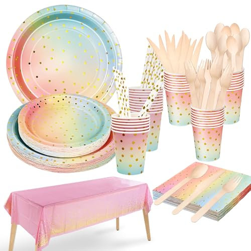 161Stück Partyzubehör Pappteller Set, Gebutstag Party Set, Regenbogen Pappteller Kindergeburtstag Mädchen Party Set, für Babydusche Geburtstag Hochzeit Party (20 Gäste)