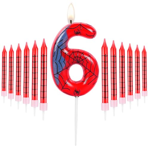 URAQT Birthday Candle 3D Shape, Blue Red Candles with Spider Web, Spider Birthday Number 6 Candle Decoration,Suitable for Spider Theme Birthday Anniversary Wedding Party Graduation Party