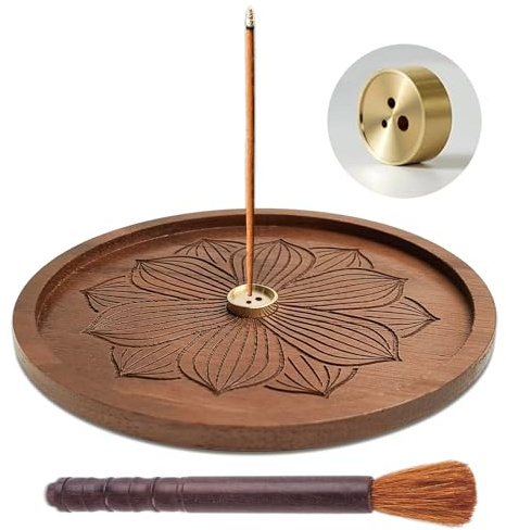 VINEST Porta Incenso per Bastoncini Fiore di Loto in Legno, Bruciatore Incenso con Spazzola per La Pulizia, Portaincenso a Filo con Tre Fori per Brucia Incenso Meditazione Yoga Decorazione