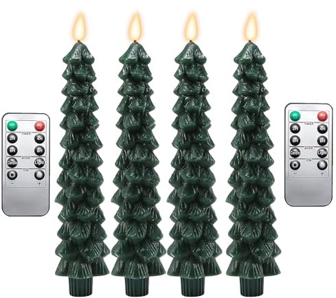 Yabauuop 4pcs Led Christmas Tree Candles - Green Led Tapered Candles with Remote Control Timer for Christmas Home Decor