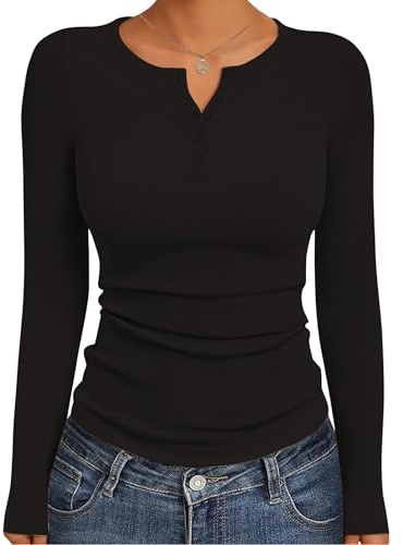 GLEENOD Tröja Dam Ribbad Henley Knappar Lång och Kort Ärm Basic