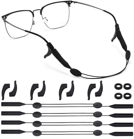 4 bandas ajustables para gafas deportivas (23-35 cm) + 4 pares de ganchos para gafas y 2 pares de cuerpo de silicona para gafas - Juego completo ligero de 5 g con seguridad antideslizante para deporte