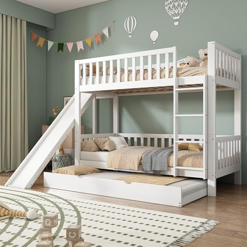 Huayz Lettino a castello 90 x 200 cm, per 3 bambini, con letto estraibile 90 x 190 cm, con scivolo e scaffali, scala, con protezione anti-caduta e rete a doghe, pino + MDF, bianco