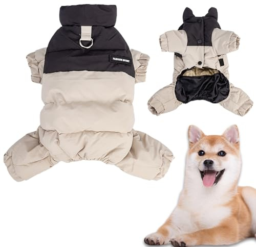 Duuclume Winter Dog Coat with Stand Collar,Windproof Waterproof Warm Dog Jacket for Cold Weather, Four Legged Pet Snowsuit (Beige, S)