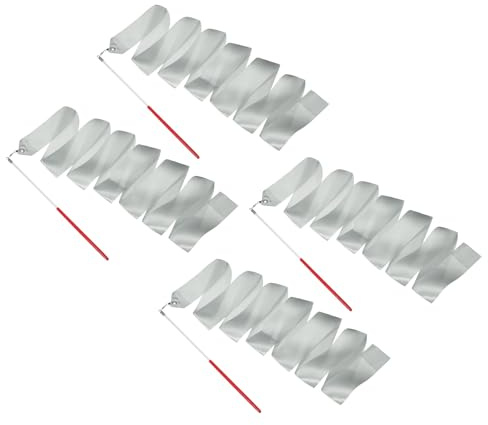 YELARXI 4 Pcs Dance Ribbons, 78.7 Gymnastics Ribbon Streamers, Rhythmic Dance Twirling Sticks with Non-Slip Red Wand -Fitting for (Gymnastics/Talent Shows/Artistic/Party) Silver