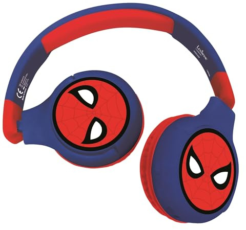 LEXIBOOK, Spiderman, 2-in-1 Bluetooth Headphones Stereo Wireless Wired, Kids Safe for Boys Girls, Foldable, Adjustable, red/blue, HPBT010SPLXB