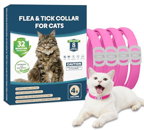 Cat Flea Collar 4 Pack Flea Collar for Cats, Adjustable Waterproof Flea and Tick Prevention for Cats and Kittens - 32 Months Protection - Flea and Tick Treatment - Pink
