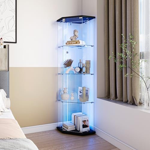 KOOPMAD Vitrina de esquina de cristal, vitrina con tira de luz LED y cerradura, 1 puerta, 4 niveles, moderno armario de cristal para coleccionables, vitrina de cristal para salón, cristal templado