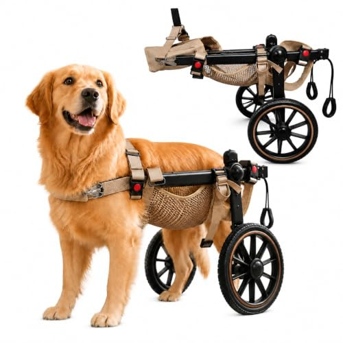 Silla de Ruedas Ajustable Perros: Patas Traseras Todoterreno (XL) | Malla transpirable y ruedas todoterreno doble cojinete. Fácil de poner y quitar. Cómodo soporte para la rehabilitación.