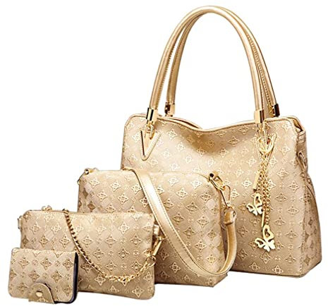 Pahajim Handtasche Damen Handtaschen Set, Mode Frauen Taschen Set Mittelgroß Umhängetasche Damenhandtasche Portemonnaie Tasche Set 4 Teilig für Arbeit Einkaufen Party Reisen (Gold)