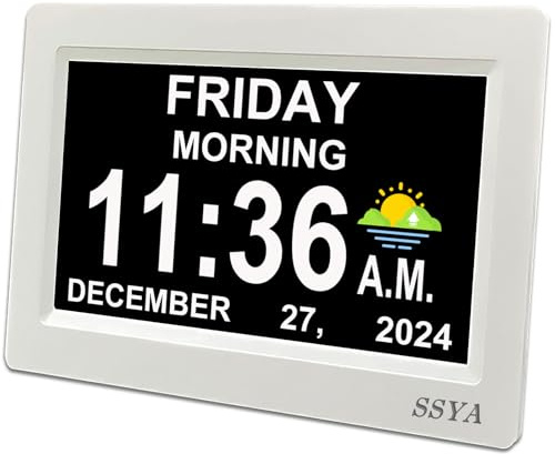 SSYA Digital Calendar Alarm Clock - Dementia Clocks for Seniors, Non-Abbreviated Memory Loss Clock with Date and Time for Elderly (White)