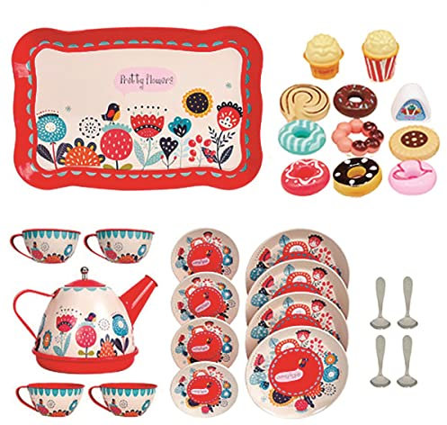 Xwin Sportseries 30 Pcs kids Tin Tea Set Party with Dessert candy muffin Toys Including Cups & Plates, Metal Teapot, Washable Dishes, Safe Material, For Little Girls Enhance Child Skills