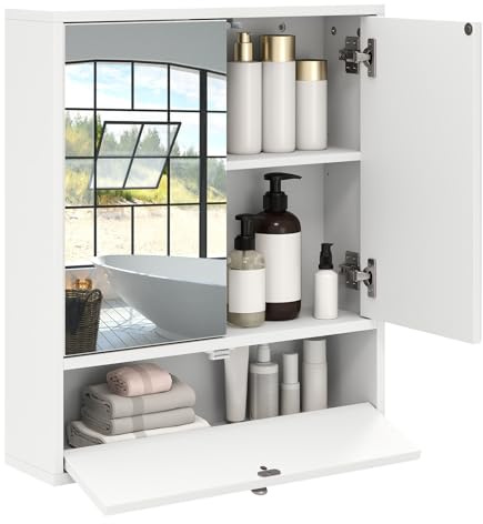 Multigot Bathroom Mirror Cabinet (Double Door with Compartment, White) | Wall Mounted Storage Cupboard with Shelf, Living Room Display Organizer Unit