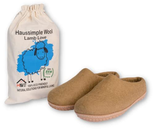 HAUSSIMPLE Unisex Wool Slippers for Men and Women Cozy Outdoor Indoor Slip On Clogs Soft Comfy Shoes for Ladies Mens Organic Felt Merino Sheep Wool Rubber Sole (Tan, 8)