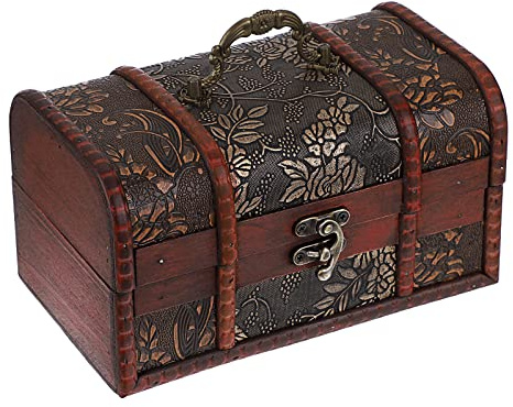 IGNPION Wooden Pirate Treasure Chest with Flower Motifs, Vintage Style Gift Box for Decorative Jewelry & Trinket Storage, Coin Collection, Letter (Medium)